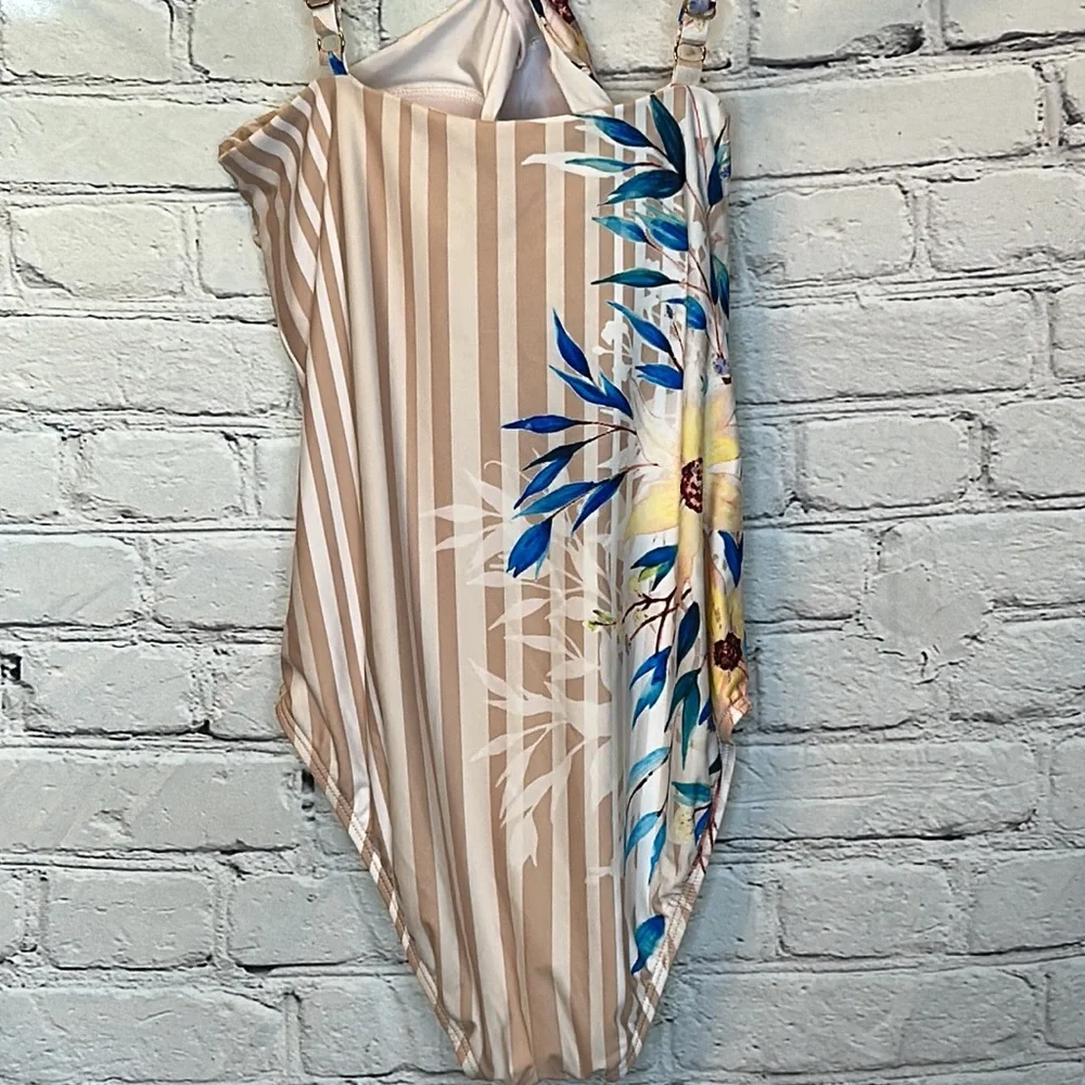 Athena Tan White Striped Floral Halter Swimsuit Size 6 Excellent Condition